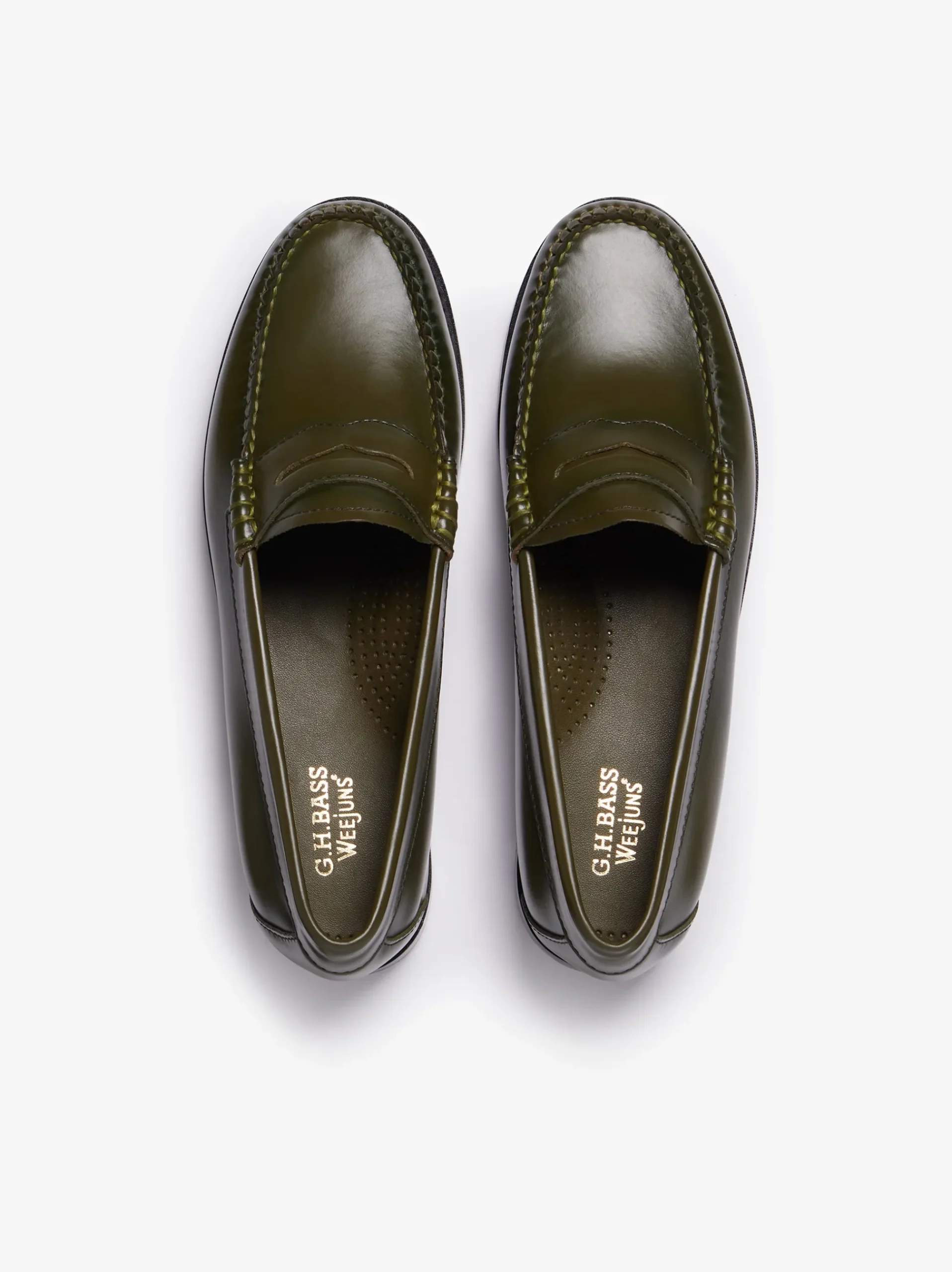 New G.H.BASS Weejuns Penny Loafers green leather Olive