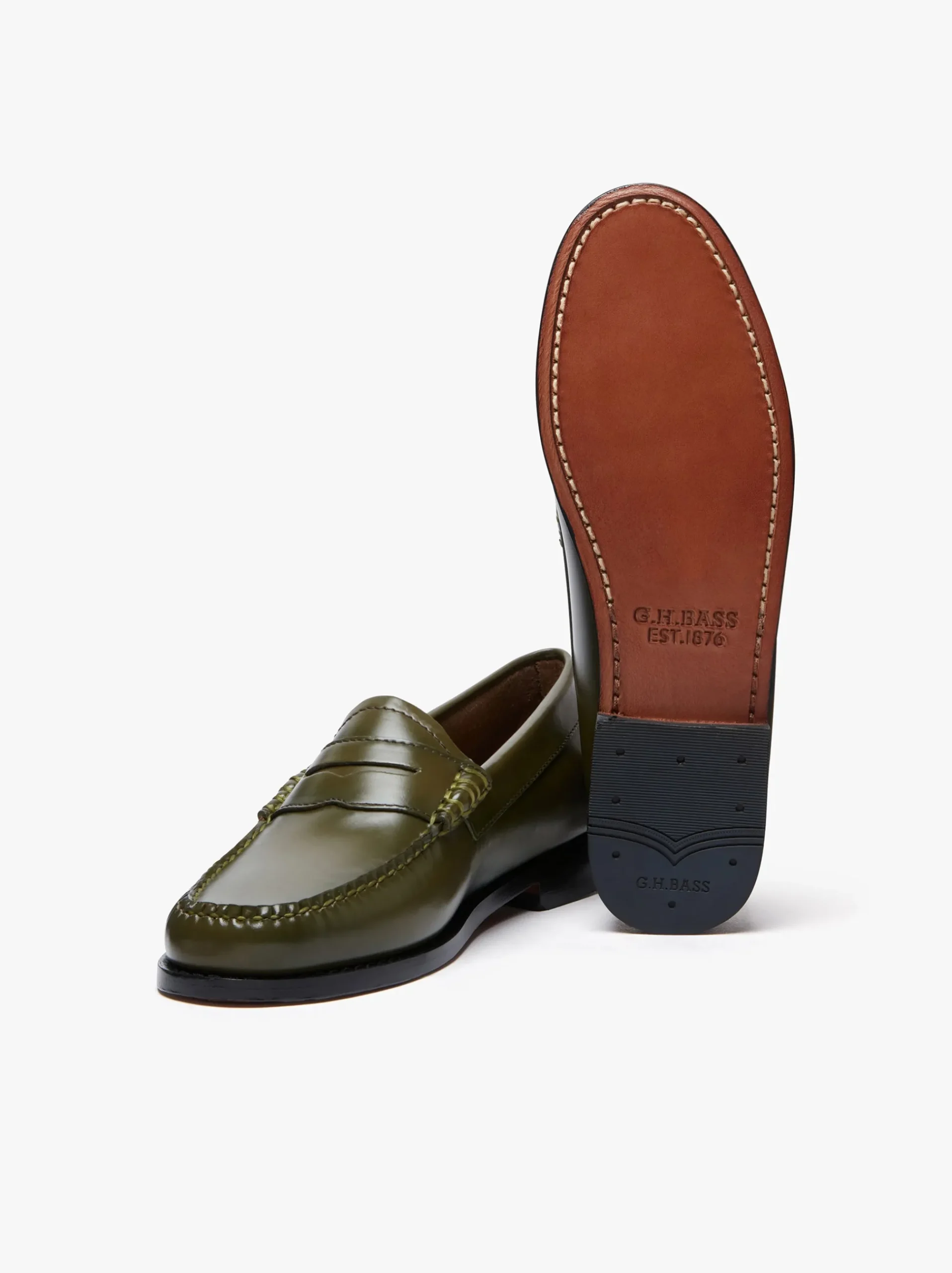 New G.H.BASS Weejuns Penny Loafers green leather Olive