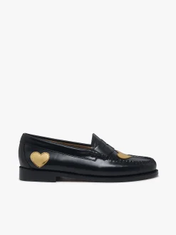 Outlet G.H.BASS Weejuns Penny Love Loafers Black Leather Black & Gold