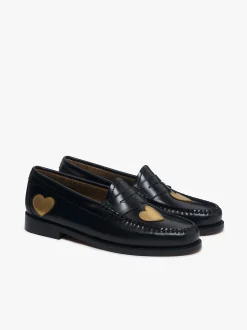 Outlet G.H.BASS Weejuns Penny Love Loafers Black Leather Black & Gold