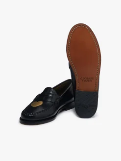 Outlet G.H.BASS Weejuns Penny Love Loafers Black Leather Black & Gold