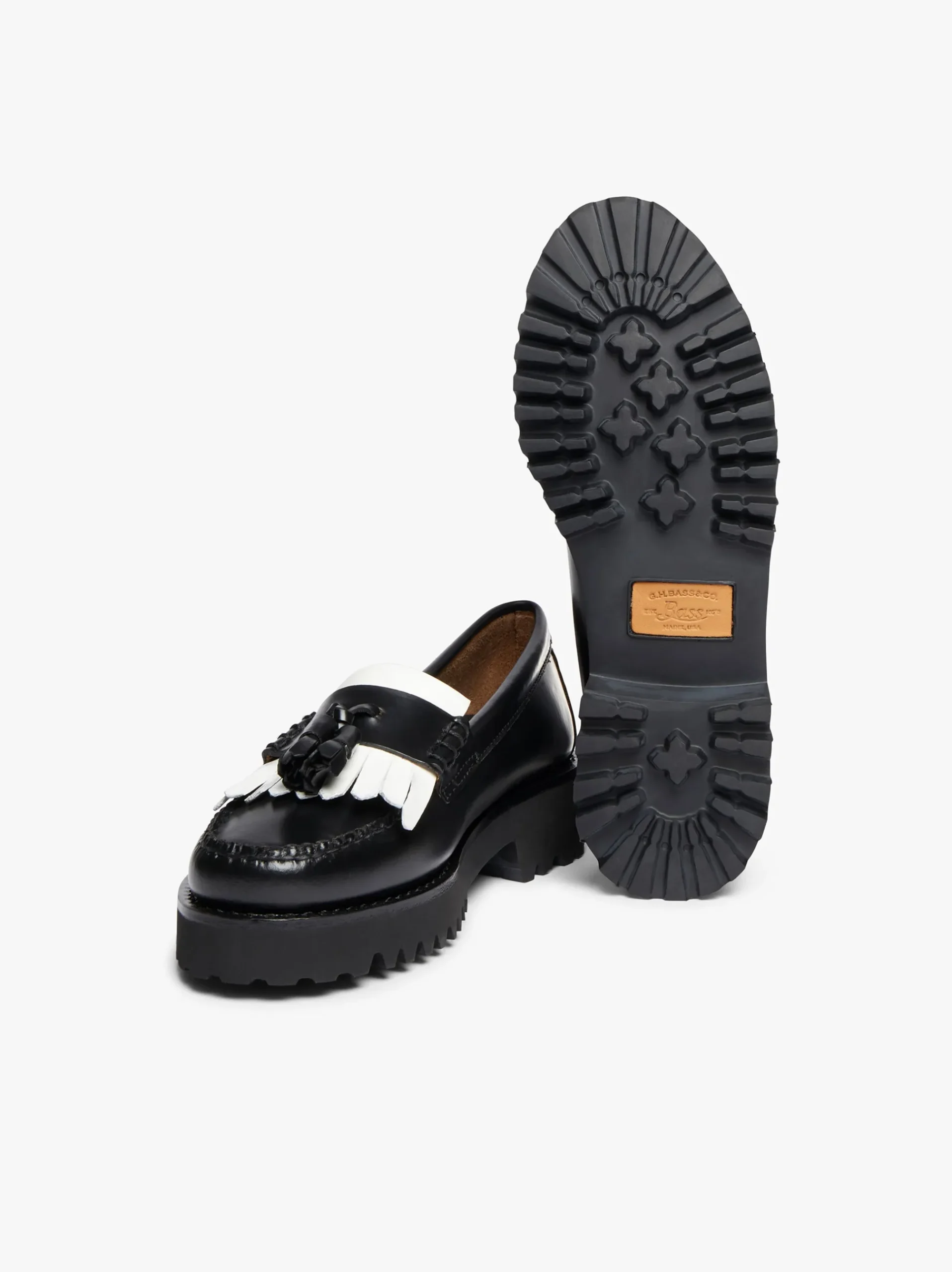 Sale G.H.BASS Weejuns 90s Esther Kiltie Tassel Loafers Leather Black & White