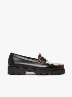 G.H.BASS Whitney Super Lug Penny Loafers Black Leather with Cow Print
