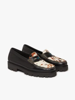 G.H.BASS Whitney Super Lug Penny Loafers Black Leather with Cow Print