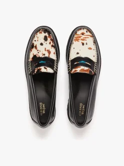 G.H.BASS Whitney Super Lug Penny Loafers Black Leather with Cow Print