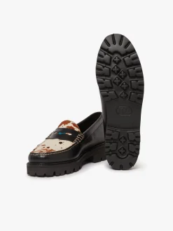G.H.BASS Whitney Super Lug Penny Loafers Black Leather with Cow Print